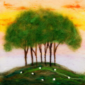 Greeting Card needle felt design of trees on a hill at sunset