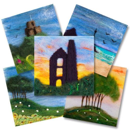 Five different greetings cards depicting needle felted Cornish scenes. An engine house at sunset, Launceston Castle, Bude Breakwater, Cookworthy Knapp at Sunset and Cookworthy Knapp.