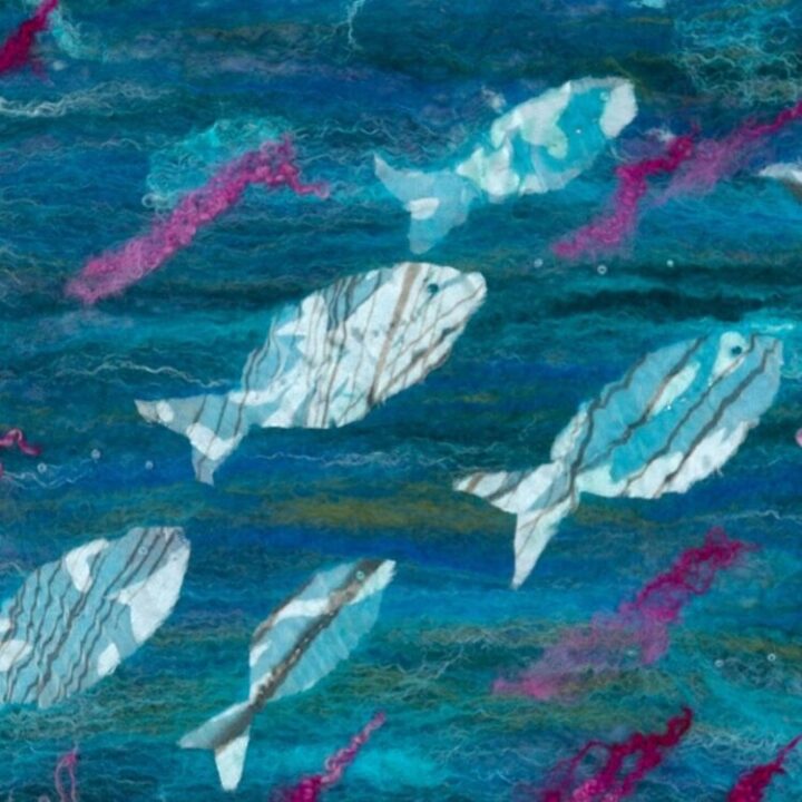 Greetings card design with teal felt background, white and turquoise nuno felt silk fish and bright pink wool locks.