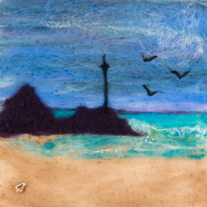 Greetings card design depicting a needle felt picture of Bude Breakwater with a tiny shell on the bottom left corner and three birds in the sky to the right of Barrel Rock