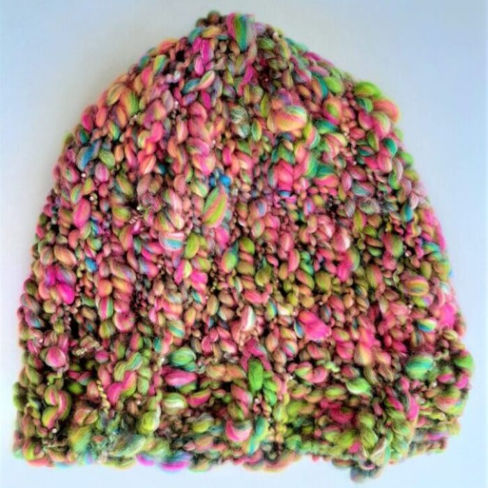 Basic Beanie Hat knitted in Summerleaze Beach Huts handspun beaded yarn.