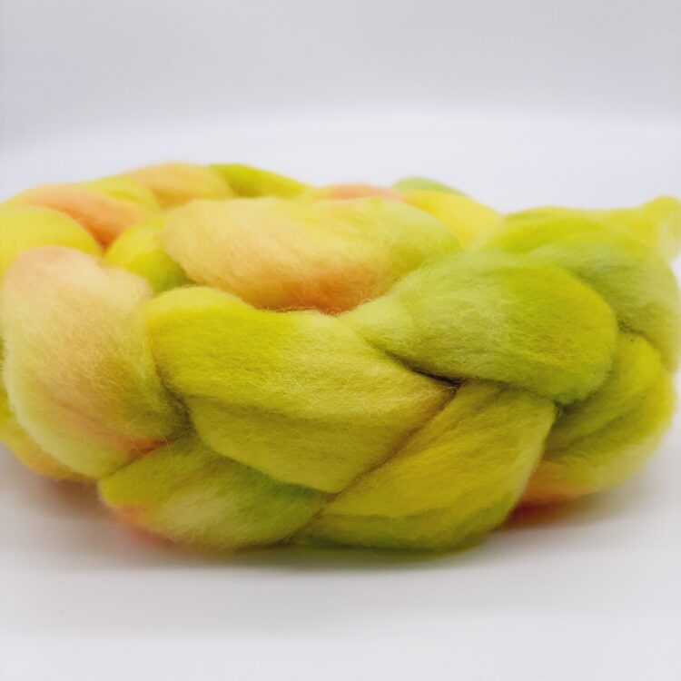 A close up view of a braid of Bluefaced Leicester fibre hand dyed in yellow, green and orangey red.