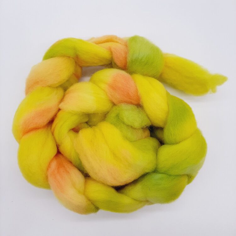 A braid of Bluefaced Leicester fibre hand dyed in yellow, green and orangey red.