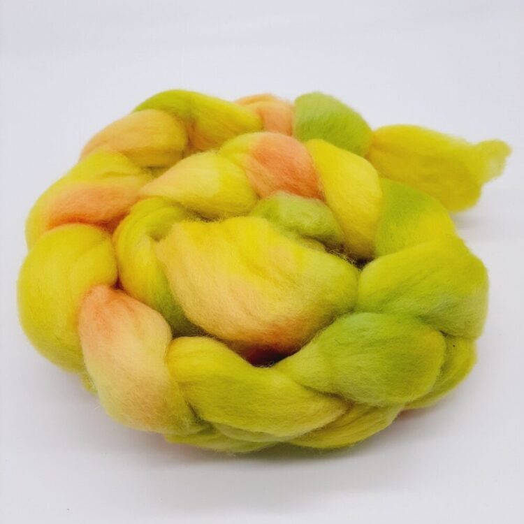 Close up image of a braid of Bluefaced Leicester fibre hand dyed in yellow, green and orangey red.