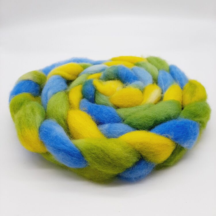 A braid of Cornish Romney roving hand dyed in blue, green and yellow.