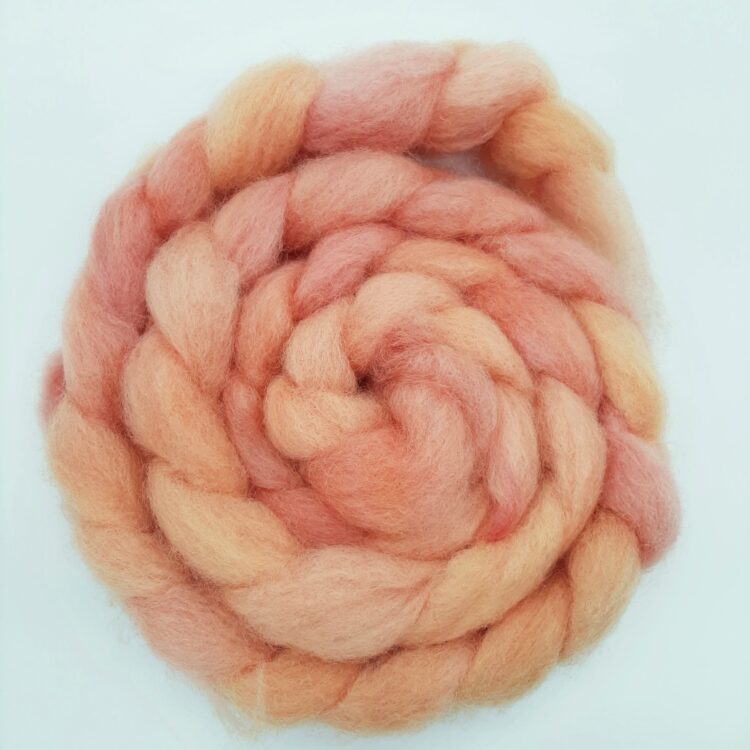 A braid of Cornish hand dyed Romney roving in shades of orange.