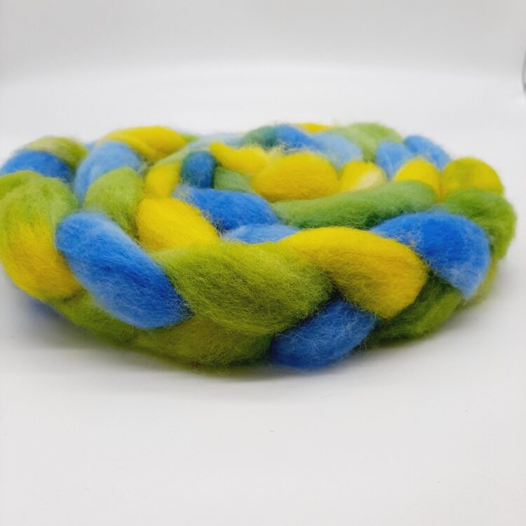 A braid of Cornish Romney roving hand dyed in blue, green and yellow.