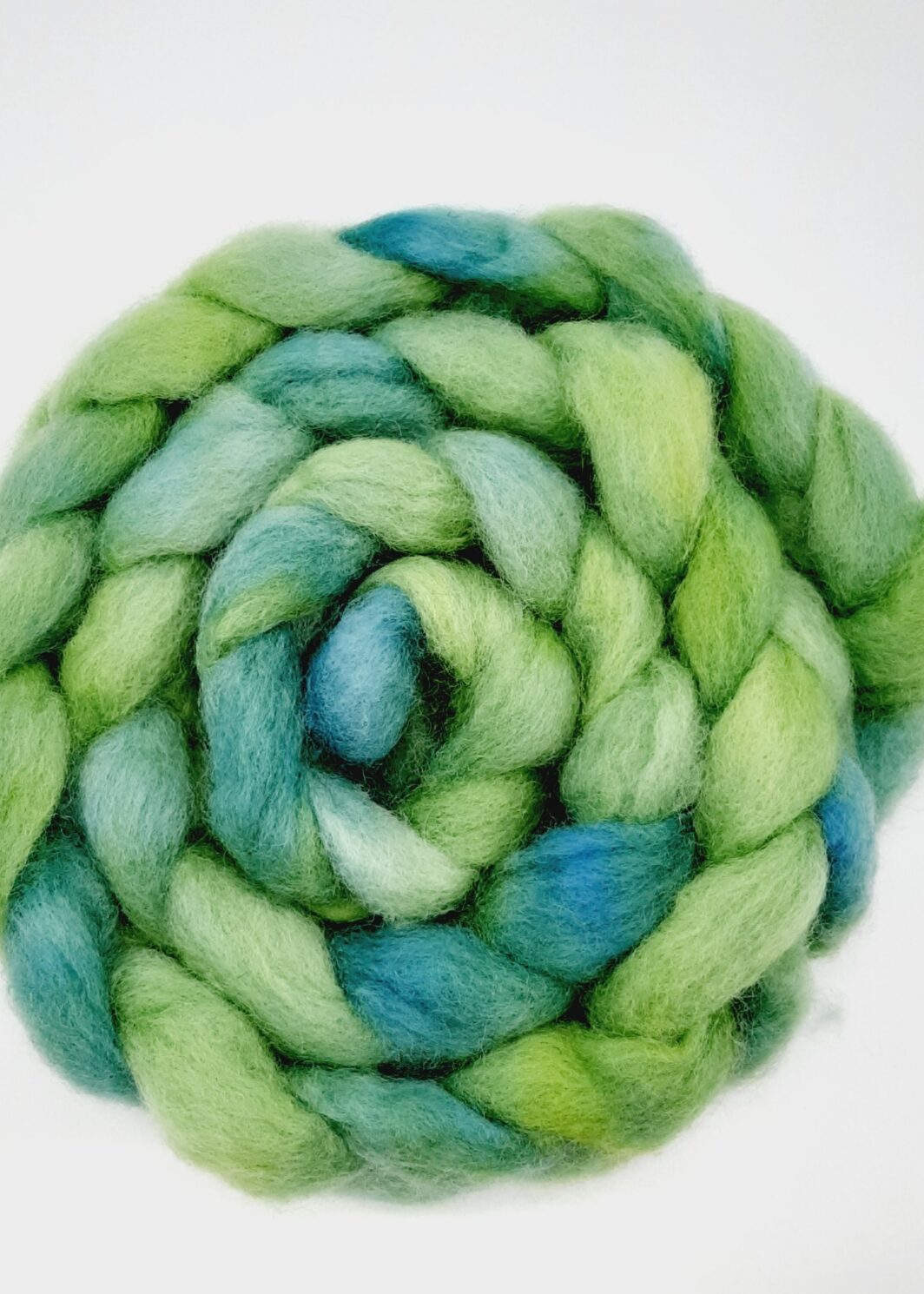 A braid of Cornish hand dyed Romney roving in shades of green