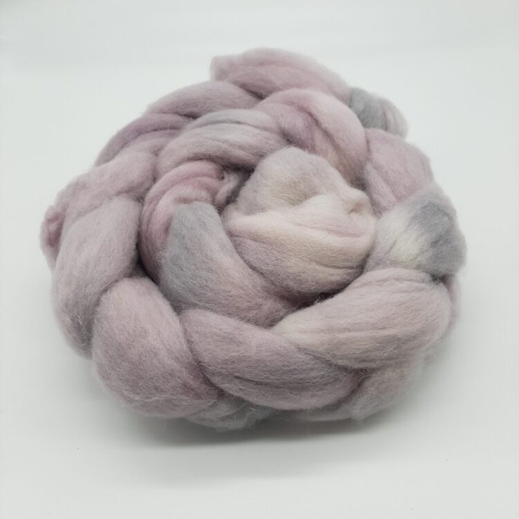 shetland fibre hand dyed in pale purples and greys, braided
