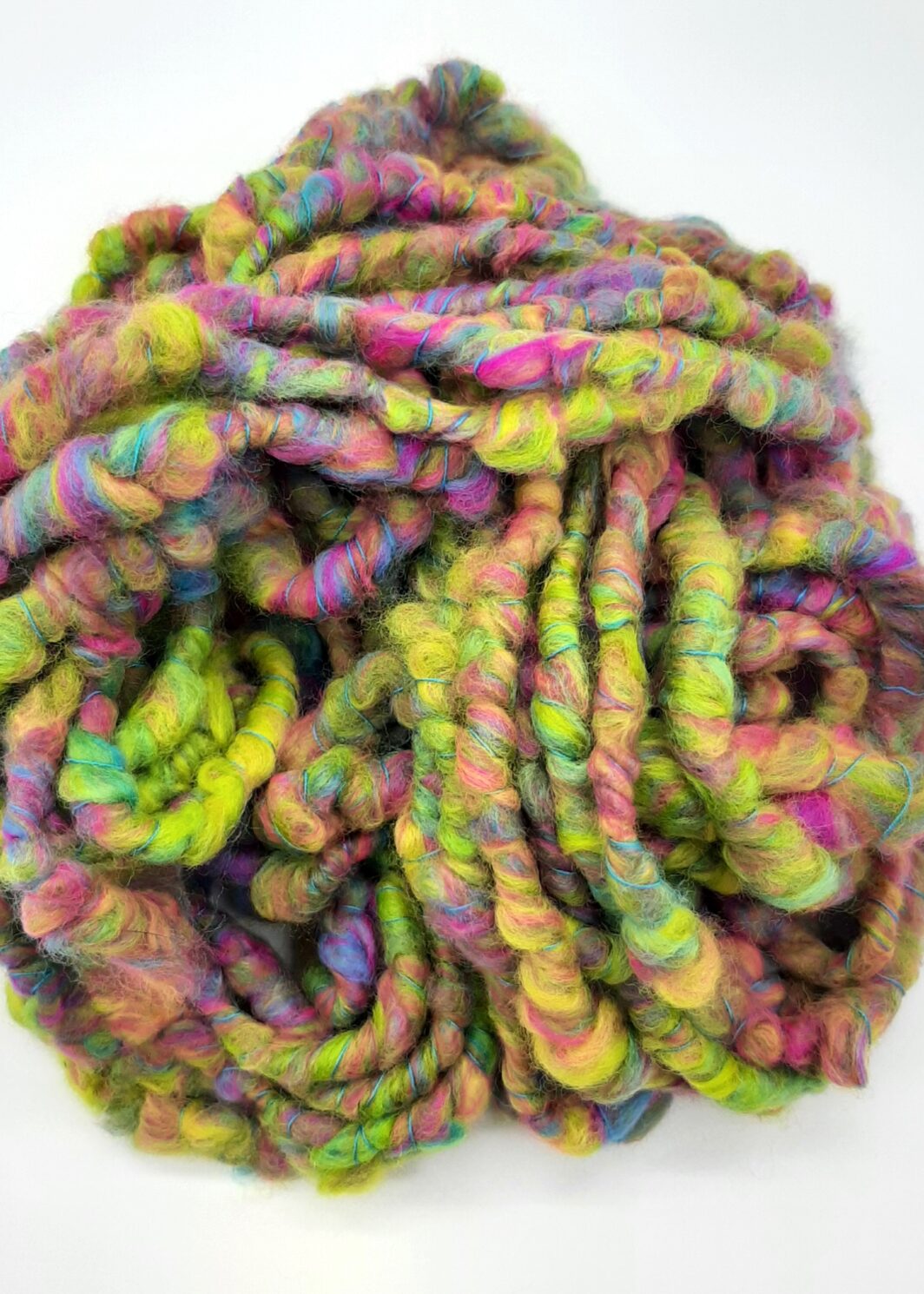 Summerleaze Beach Huts hand spun corespun merino yarn in vibrant yellow, pink, green and blue.