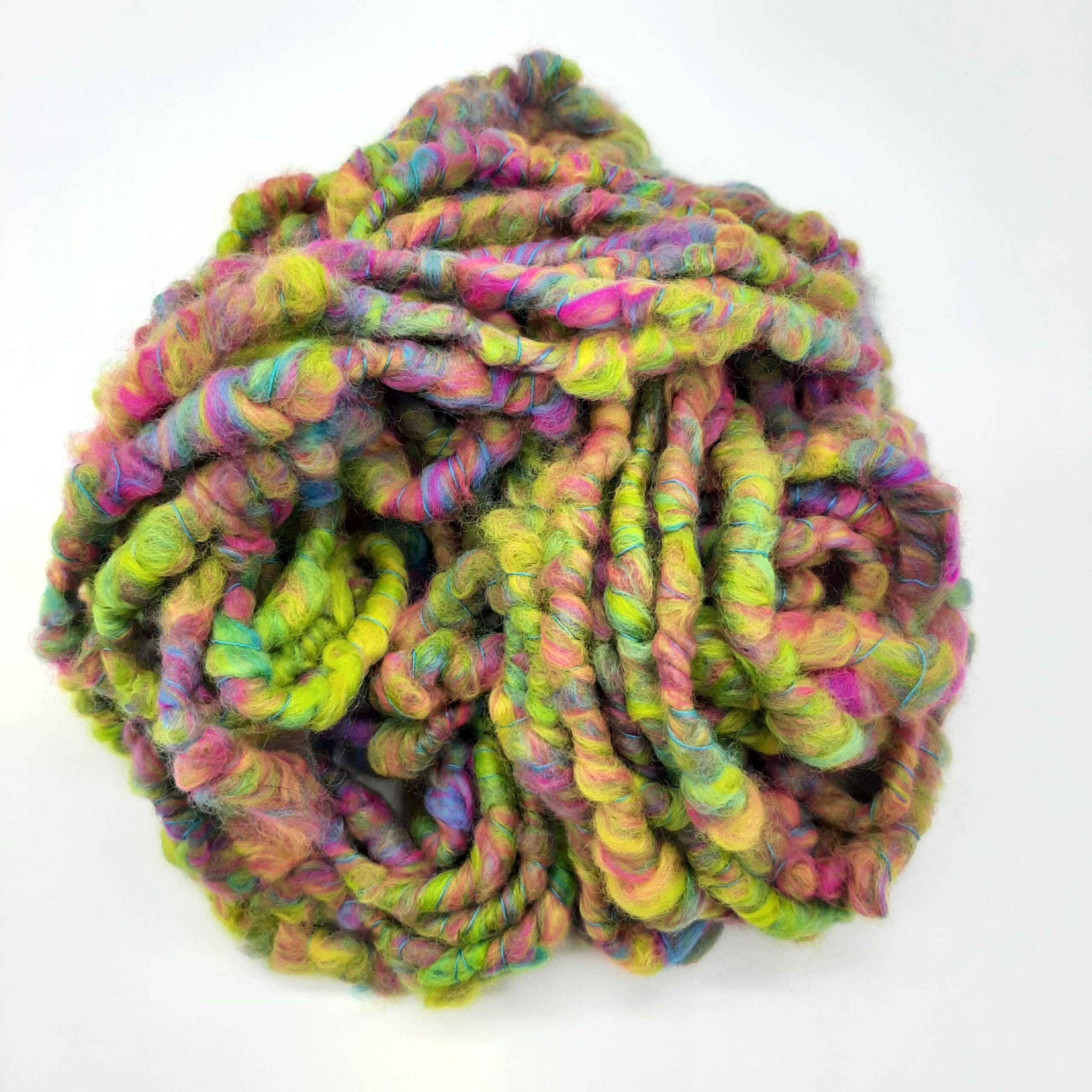Summerleaze Beach Huts hand spun corespun merino yarn in vibrant yellow, pink, green and blue.