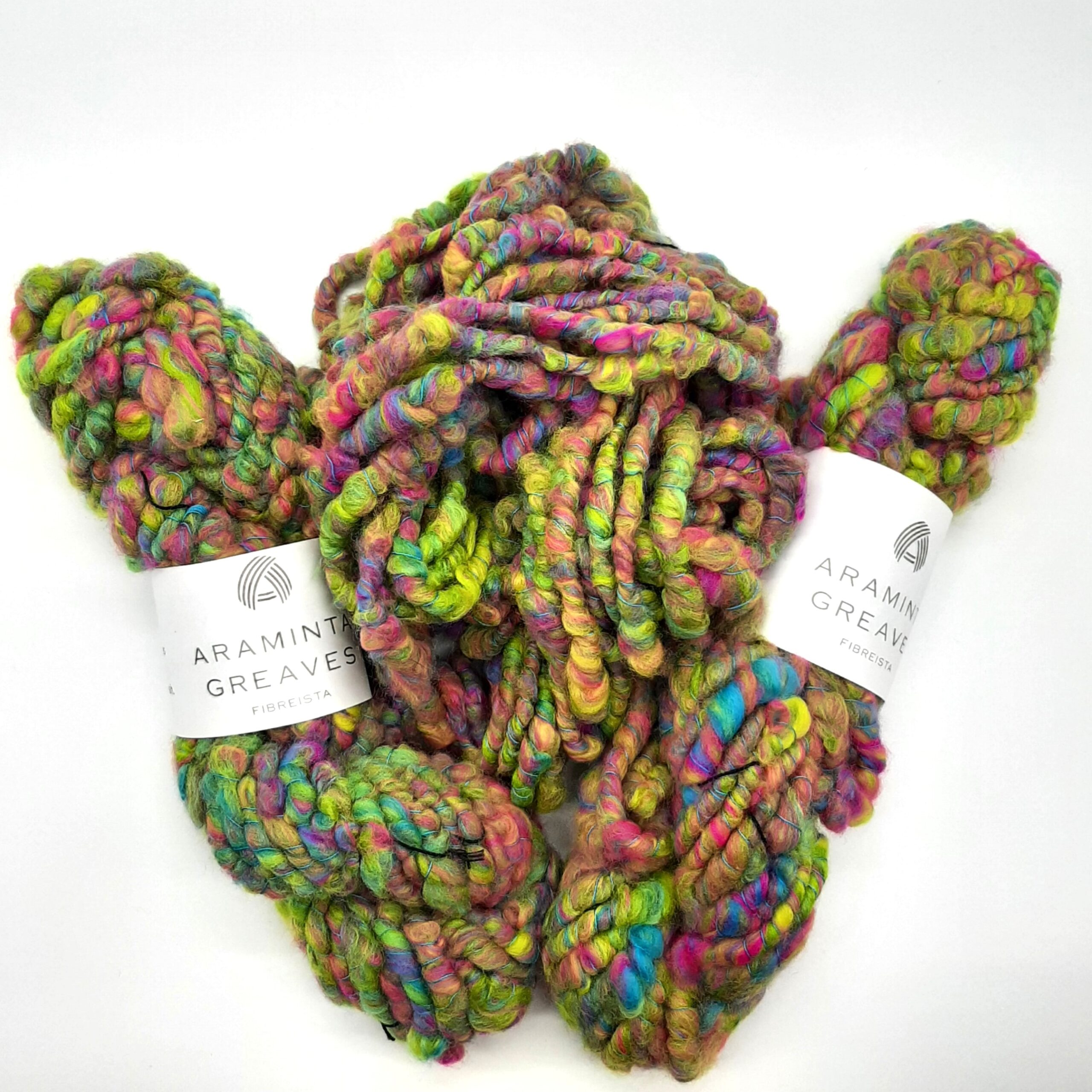 Summerleaze Beach Huts hand spun corespun merino yarn in vibrant yellow, pink, green and blue.