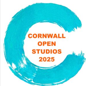 Turquoise painted letter C encircling orange text Cornwall Open Studios 2025.